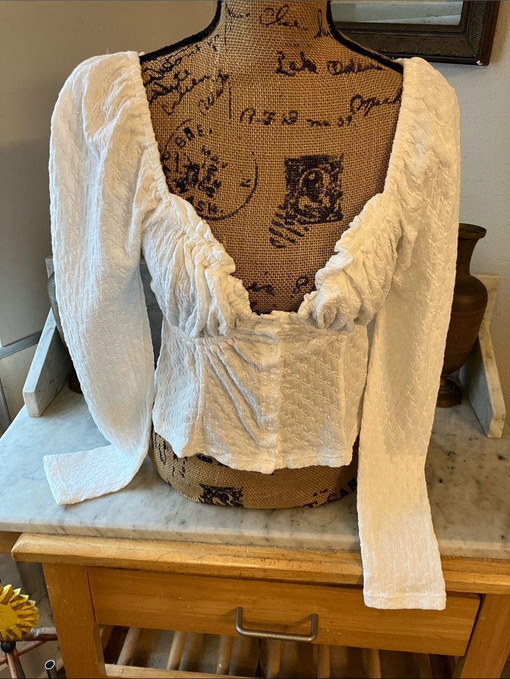 Free People White Textured Puff-Sleeve Cropped Blouse